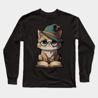 Magical Cat with a Spellbook - Adorable Magic Cat Cartoon Long Sleeve T-Shirt